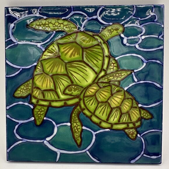 Pacific Blue Tile Trivet Colorful Sea Turtles Hand Painted Hanging Home Decor 6” - Picture 2 of 4
